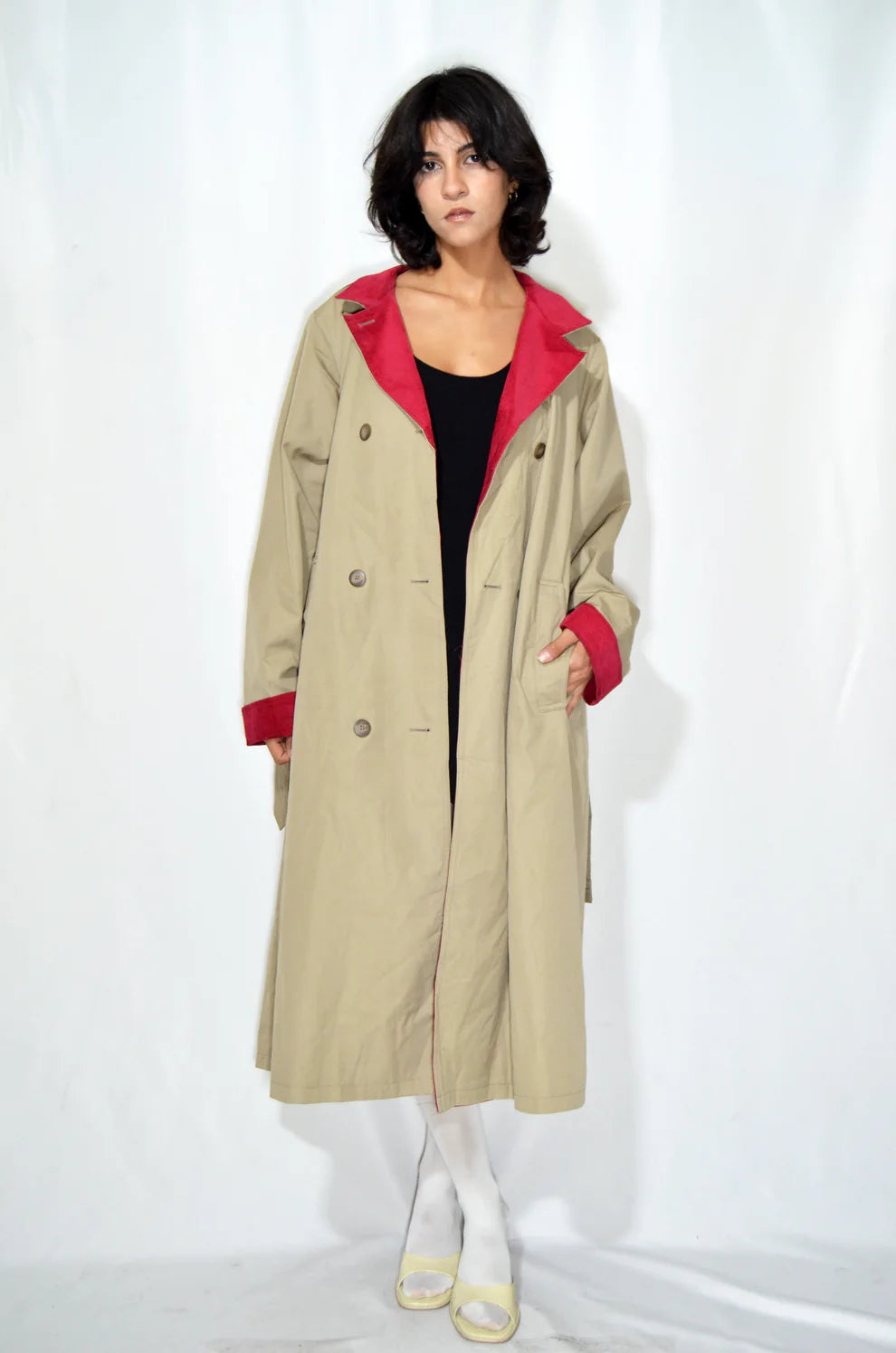 Beige & Red Vintage Trench Coat (Corduroy lining)