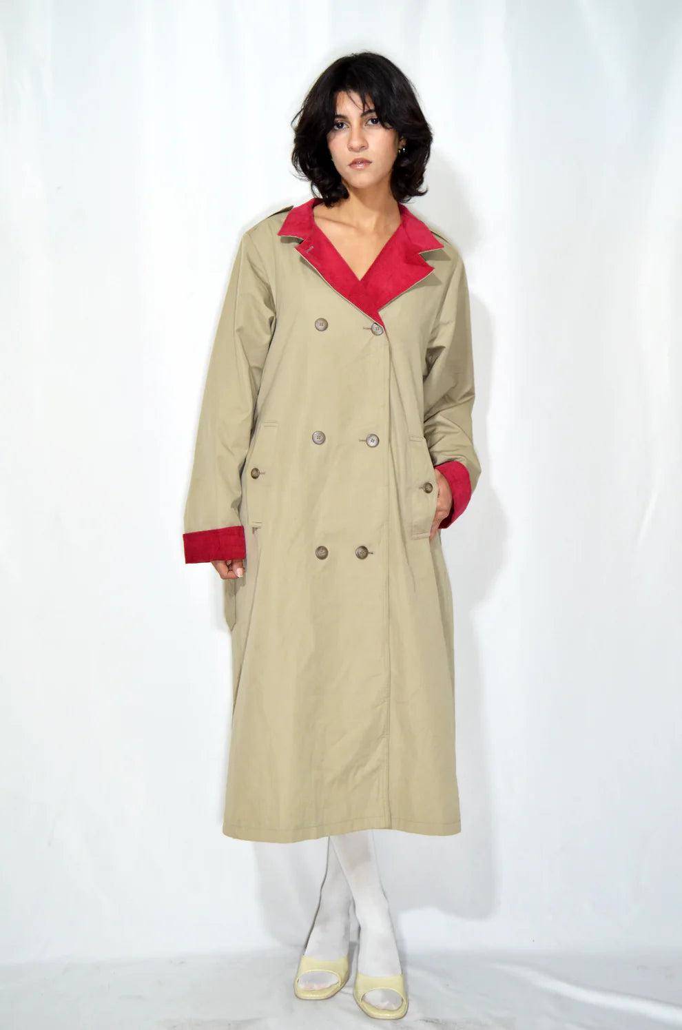 Beige & Red Vintage Trench Coat (Corduroy lining)