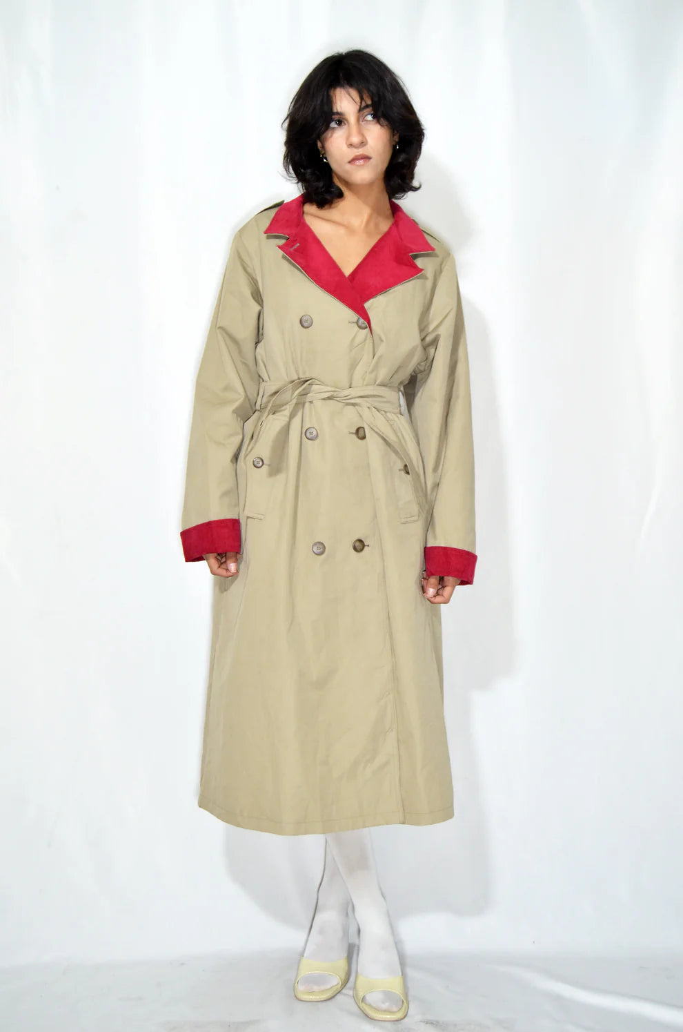 Beige & Red Vintage Trench Coat (Corduroy lining)