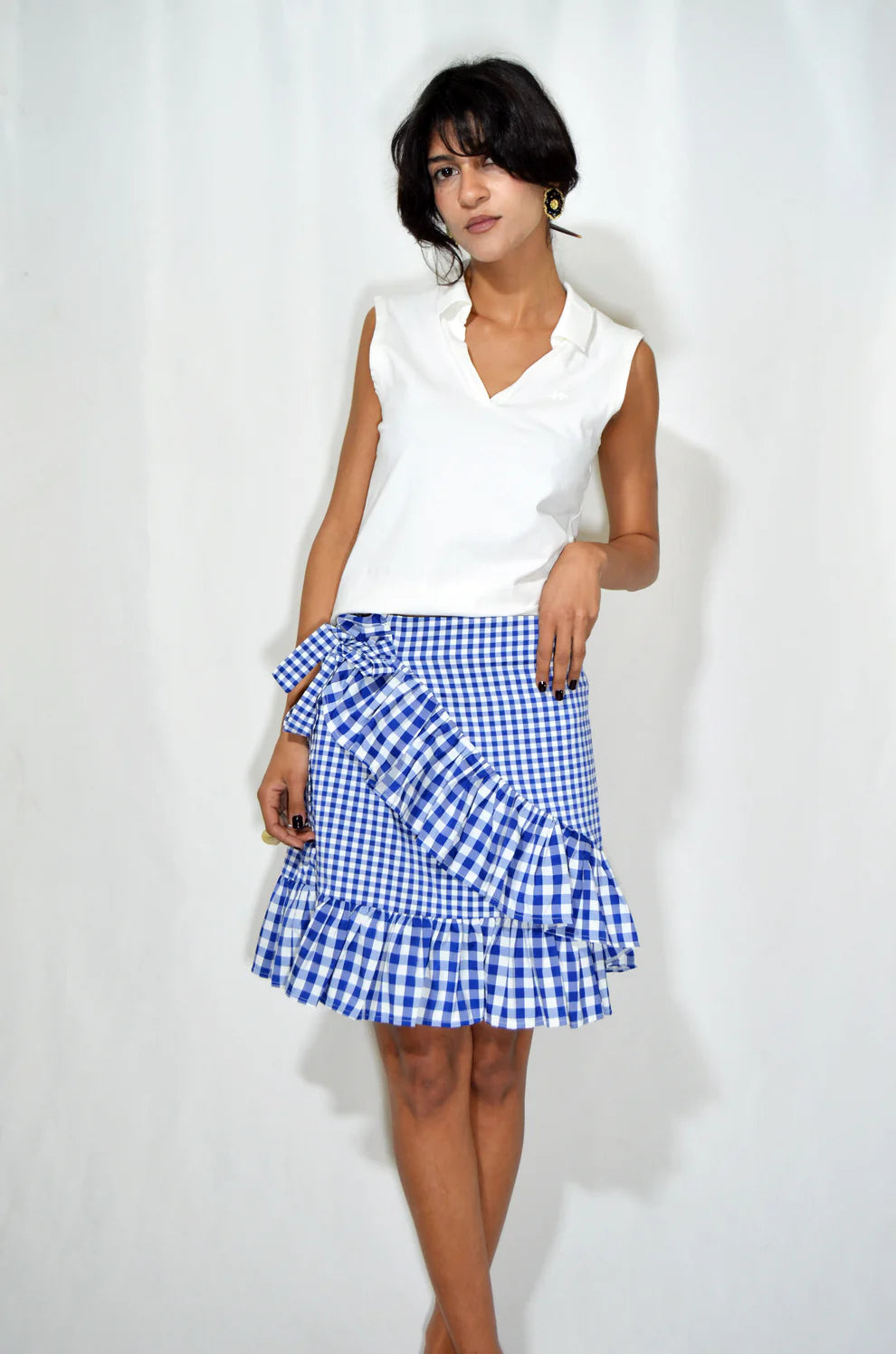 Blue & White Checkered Ruffled Skirt