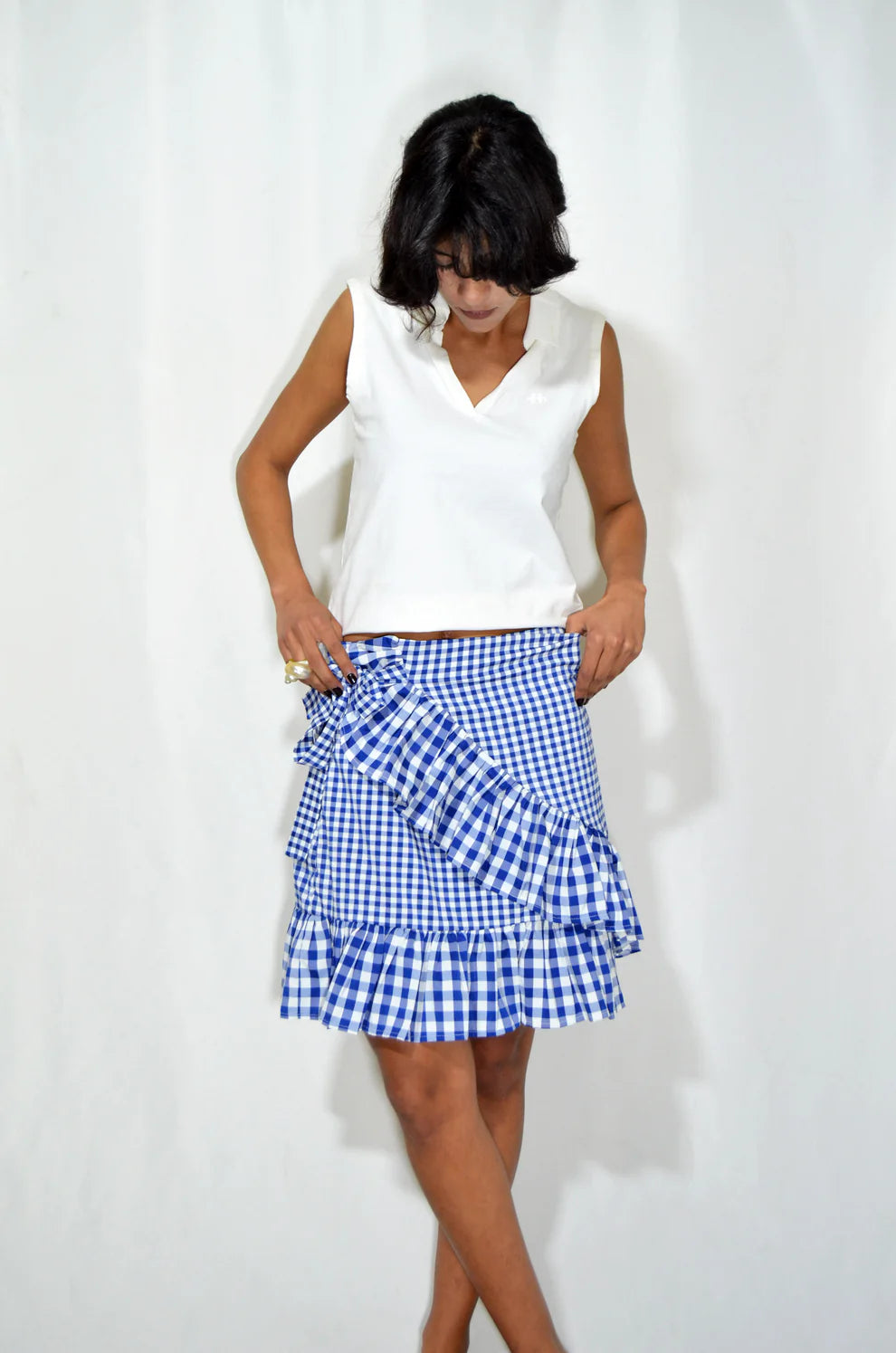 Blue & White Checkered Ruffled Skirt
