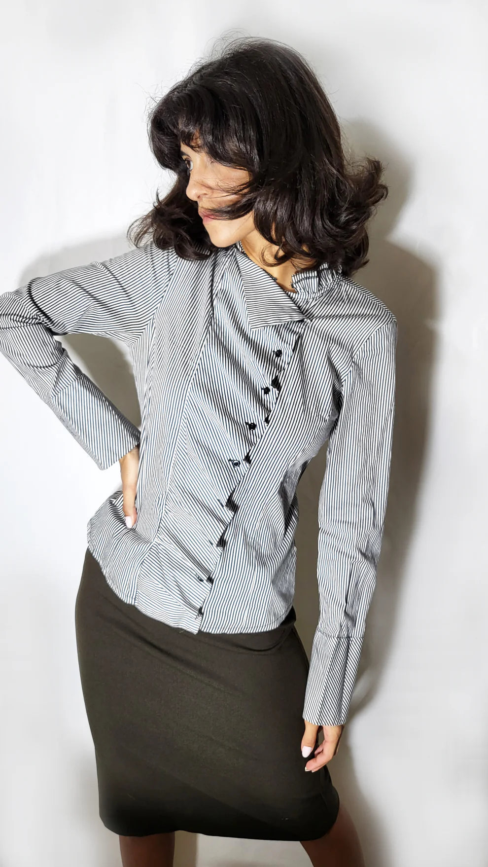 Striped Ruffle-Front Fitted Blouse