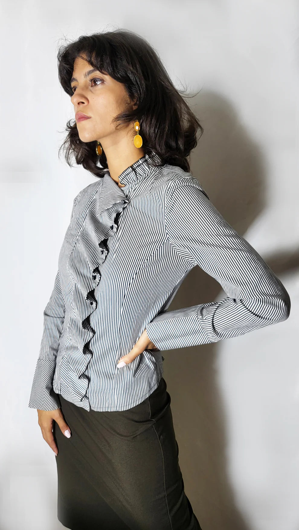Striped Ruffle-Front Fitted Blouse