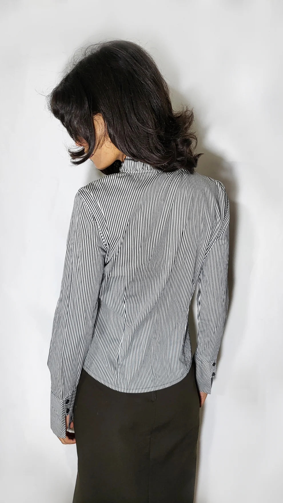 Striped Ruffle-Front Fitted Blouse