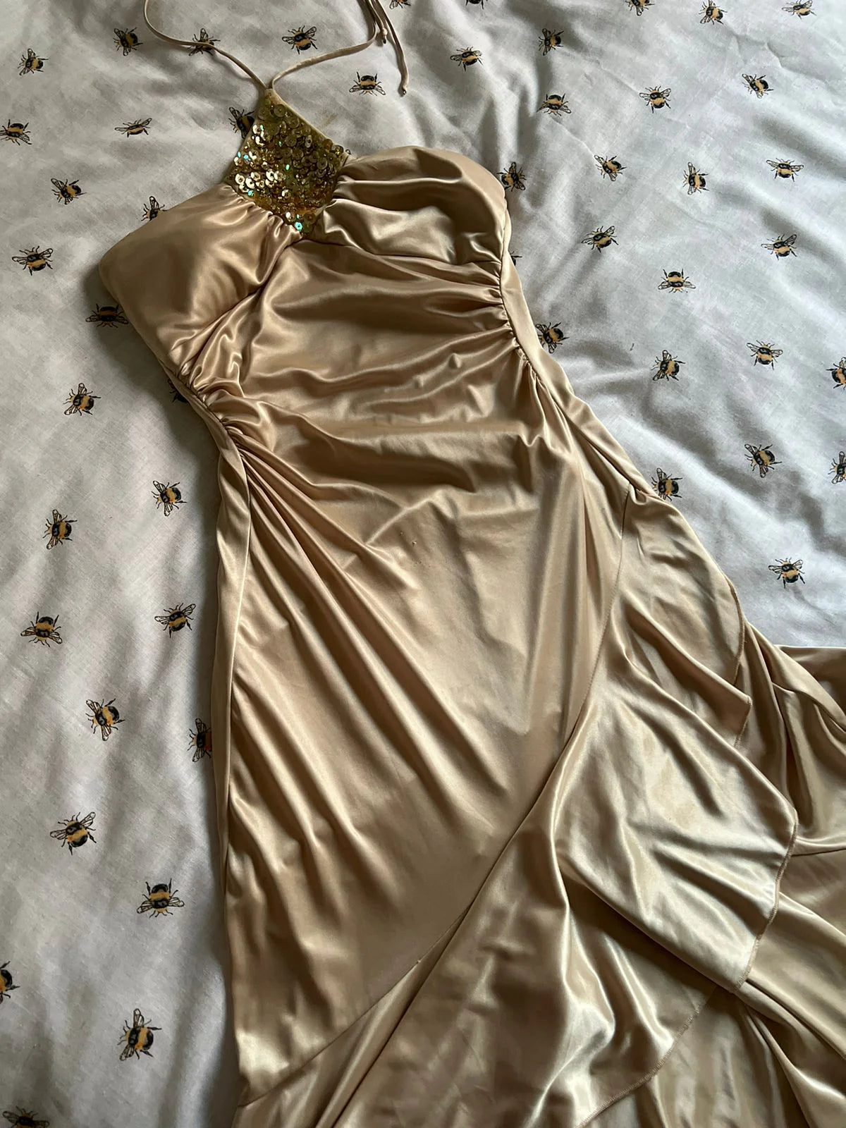 Y2k stretch satin ruched waist ruffled halter sequined dress