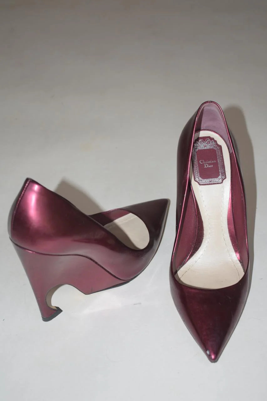 Dior metallic burgundy wedge pumps