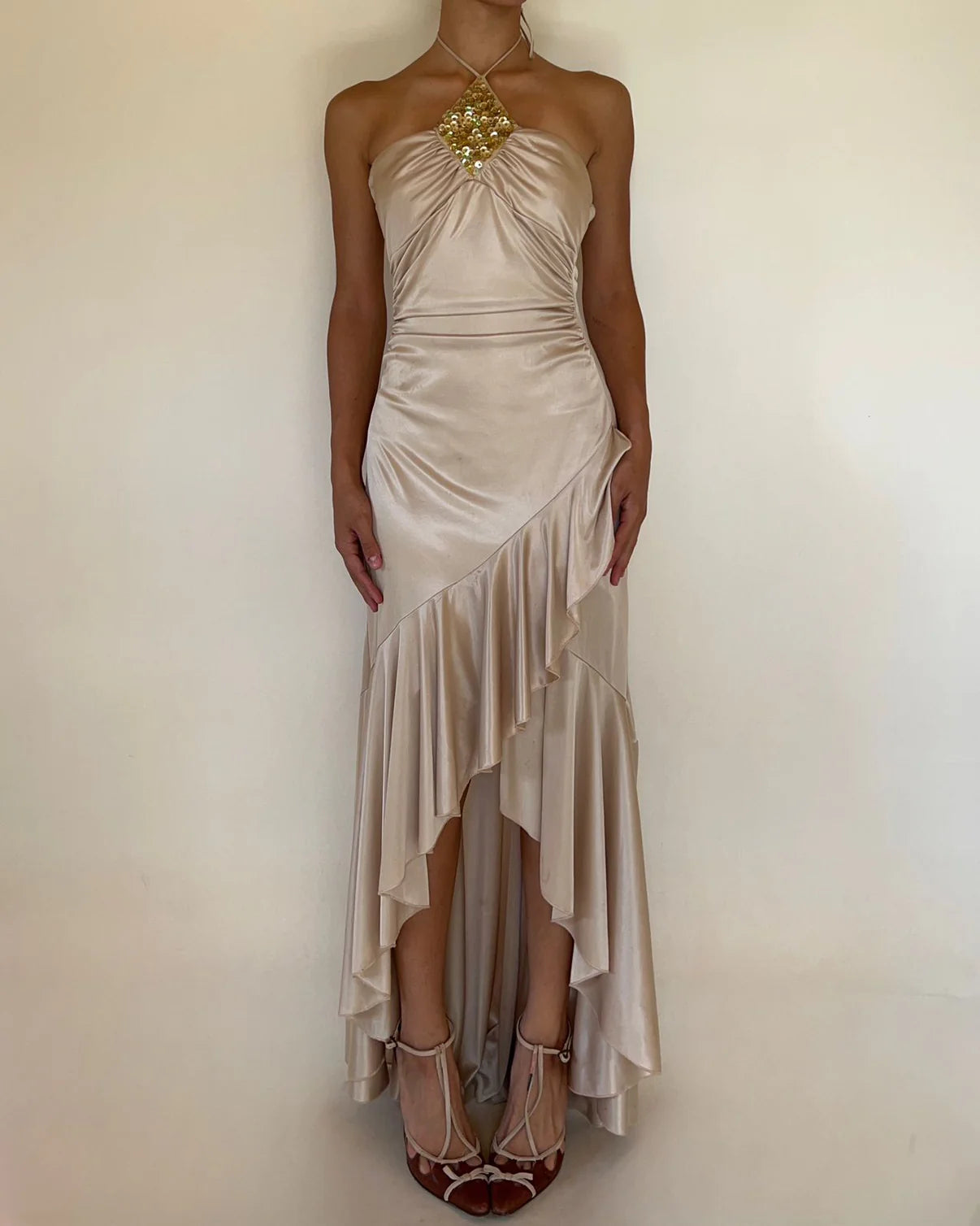 Y2k stretch satin ruched waist ruffled halter sequined dress