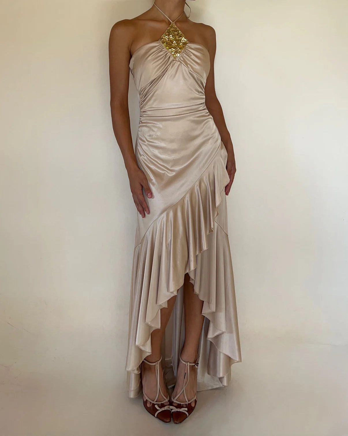 Y2k stretch satin ruched waist ruffled halter sequined dress