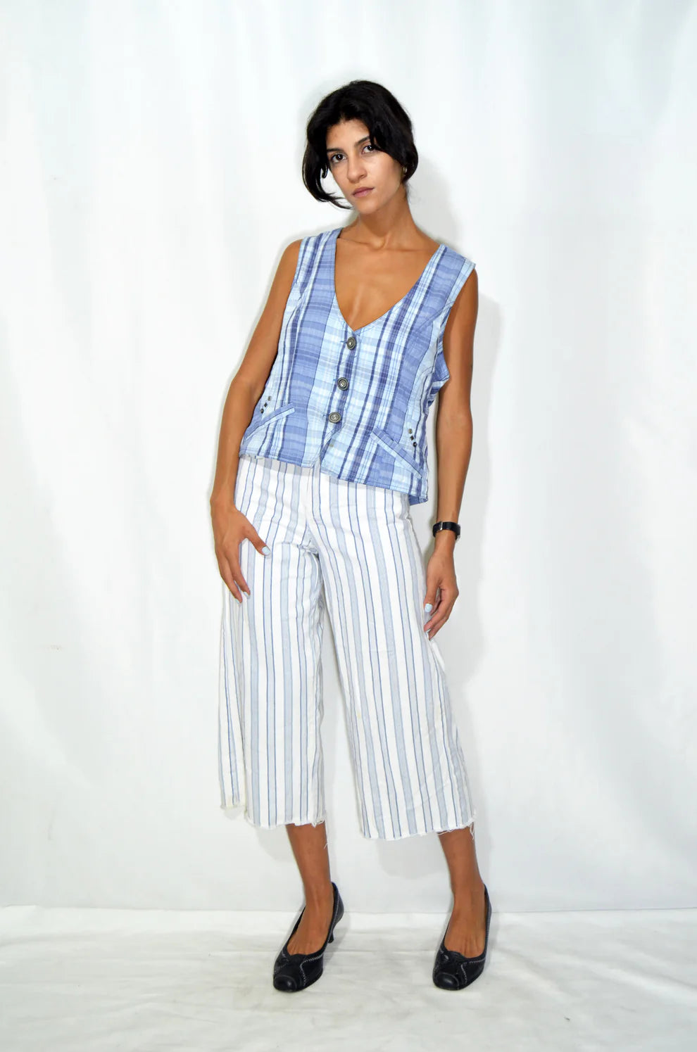 Blue & White Striped Capri Pants