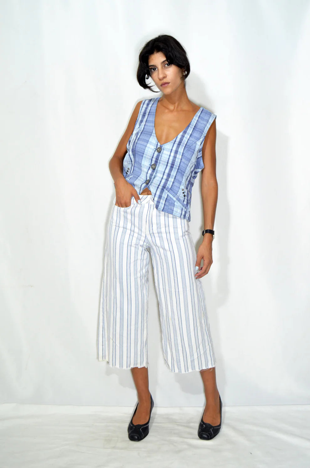 Blue & White Striped Capri Pants