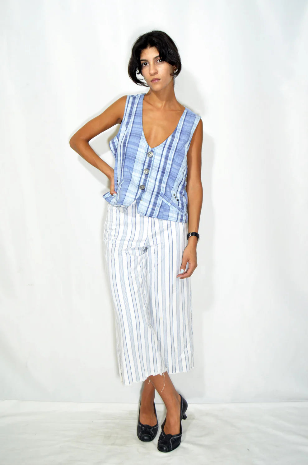 Blue & White Striped Capri Pants