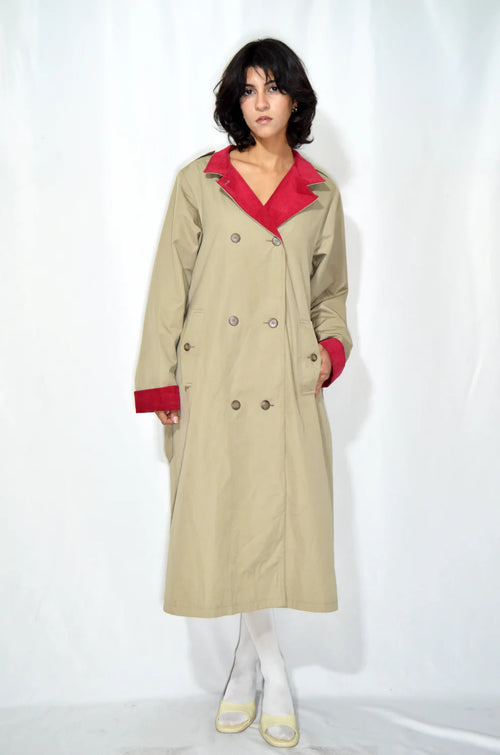 Beige & Red Vintage Trench Coat (Corduroy lining)