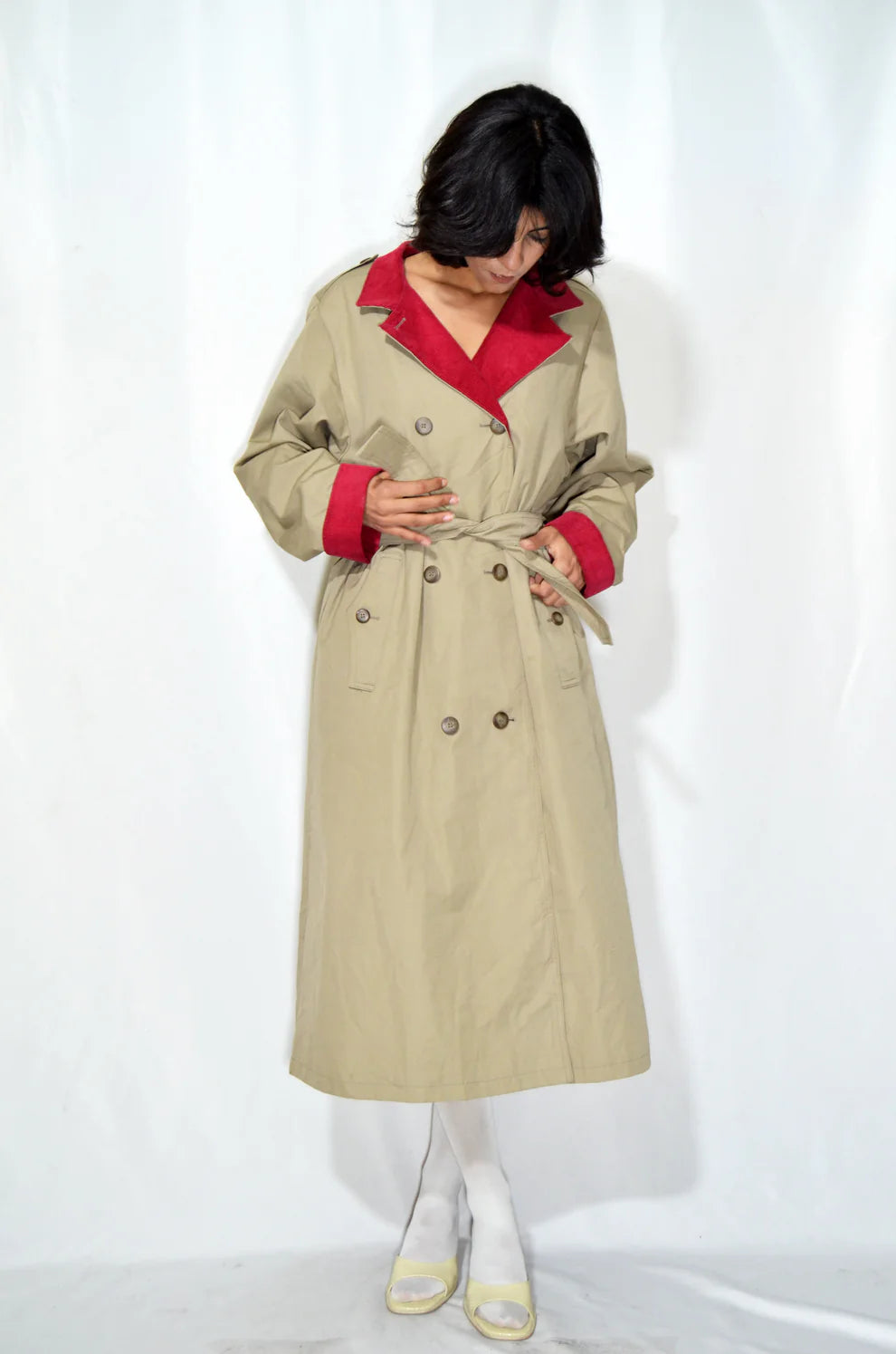Beige & Red Vintage Trench Coat (Corduroy lining)