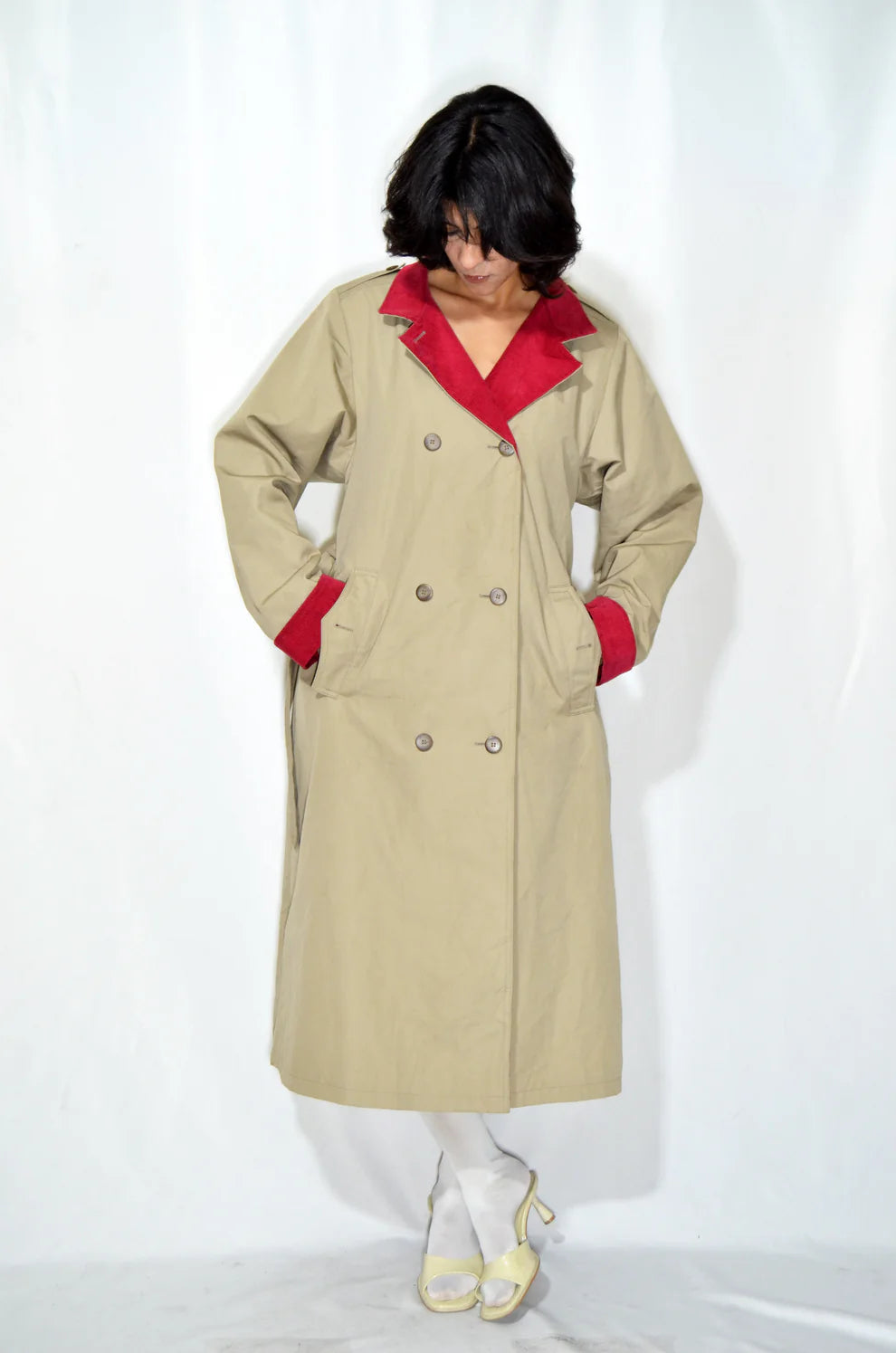 Beige & Red Vintage Trench Coat (Corduroy lining)