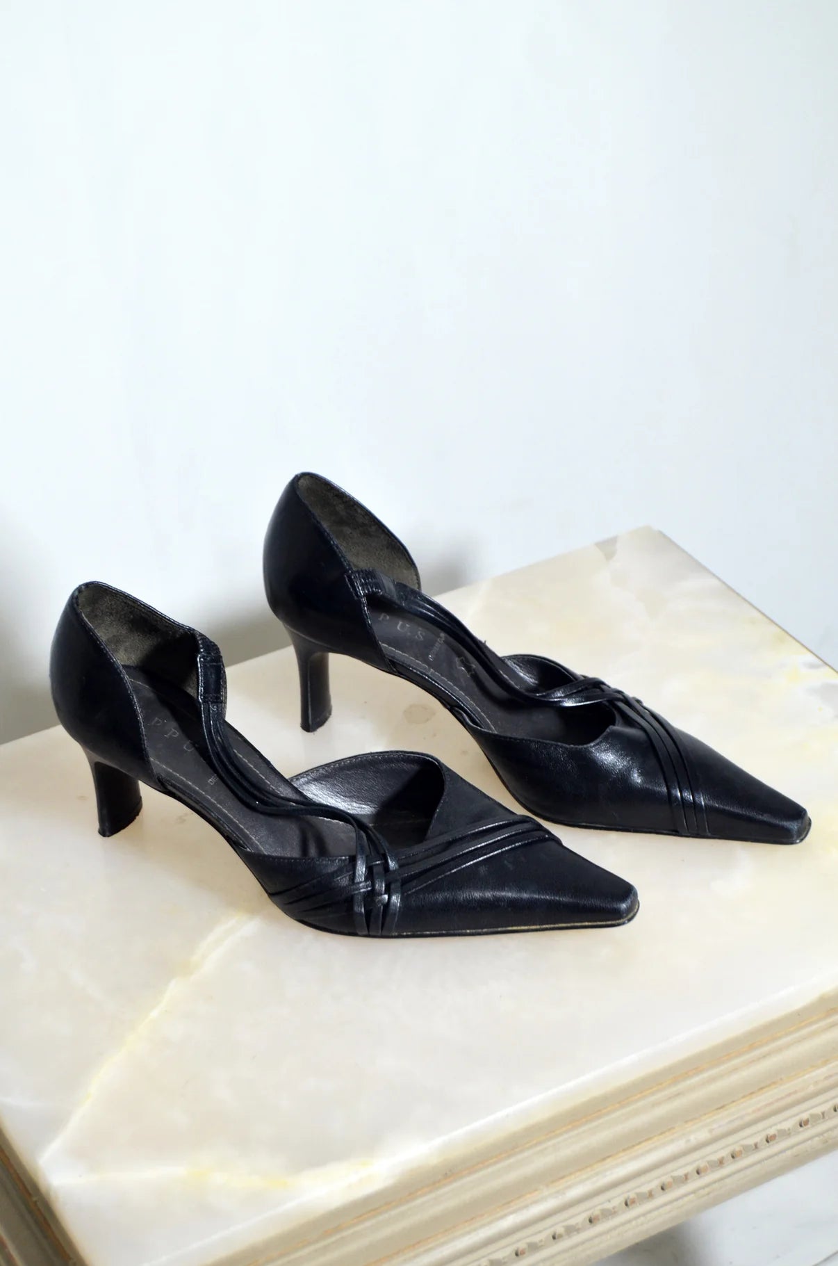 Black Leather Pointed Toe Heels