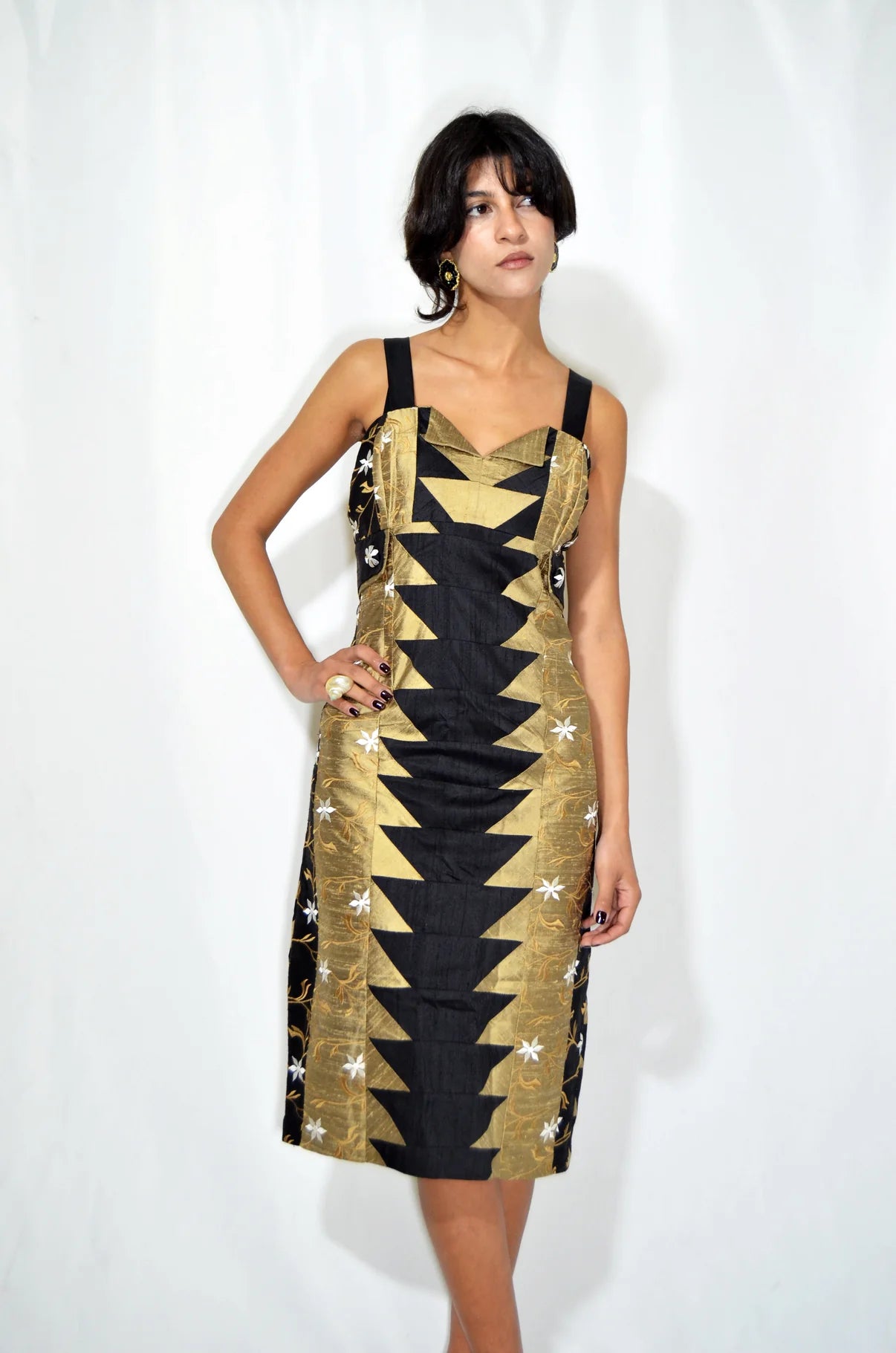 Black & Gold Embroidered Vintage Midi Dress