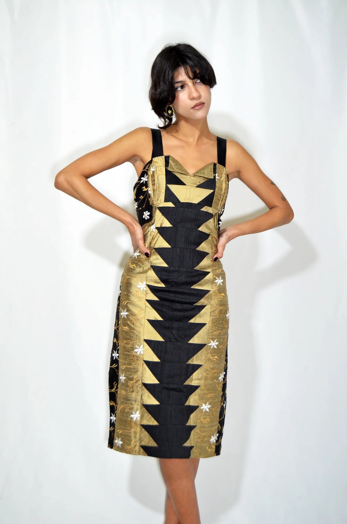 Black & Gold Embroidered Vintage Midi Dress