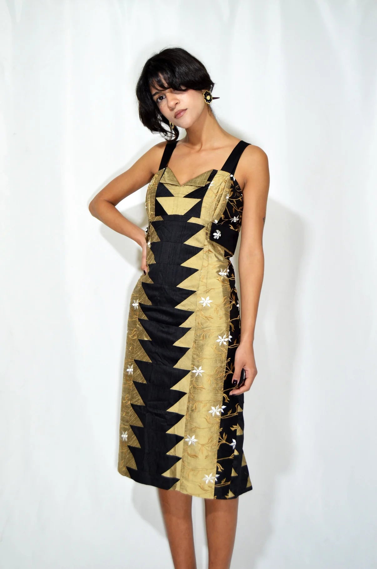 Black & Gold Embroidered Vintage Midi Dress
