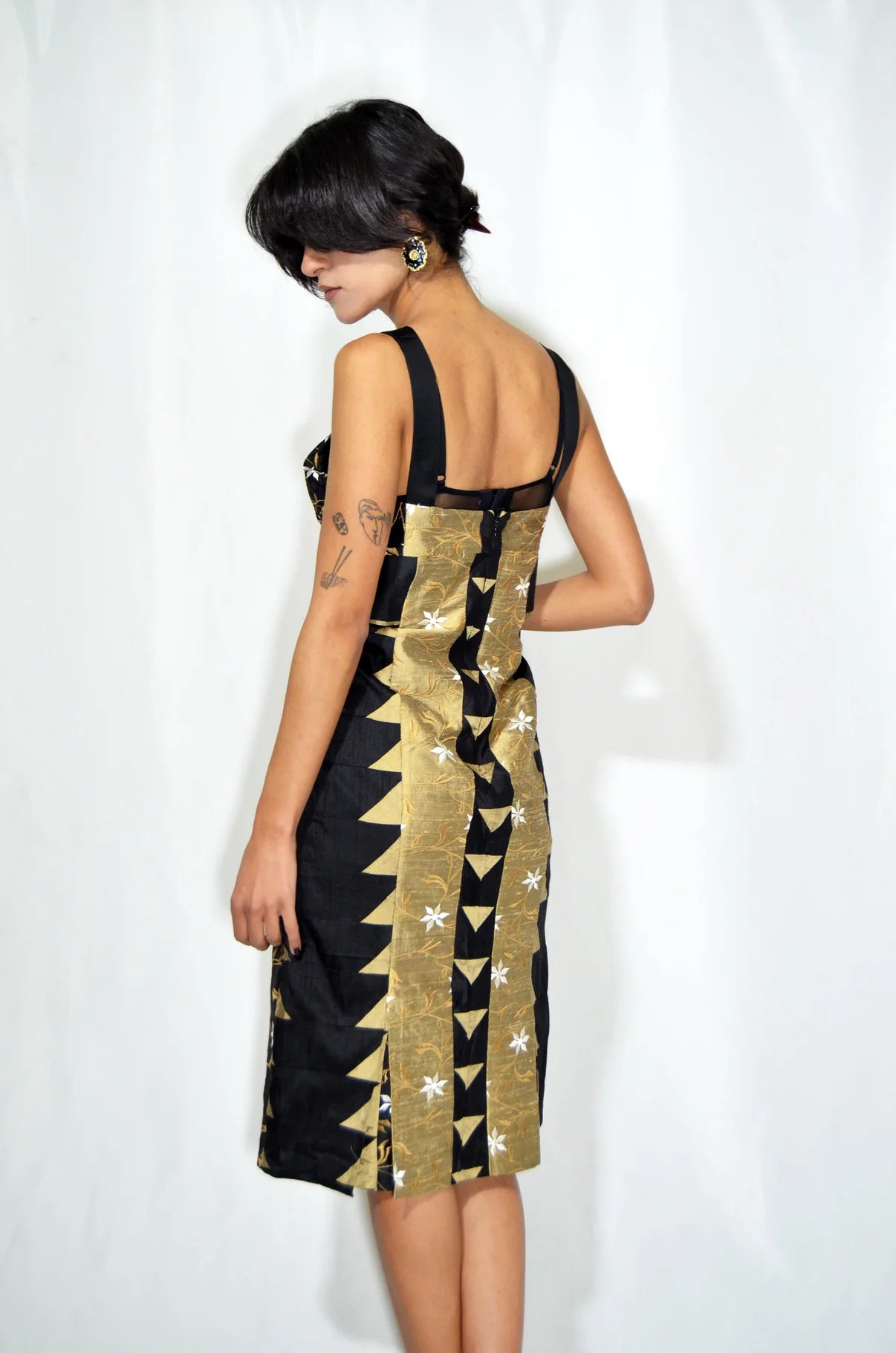 Black & Gold Embroidered Vintage Midi Dress