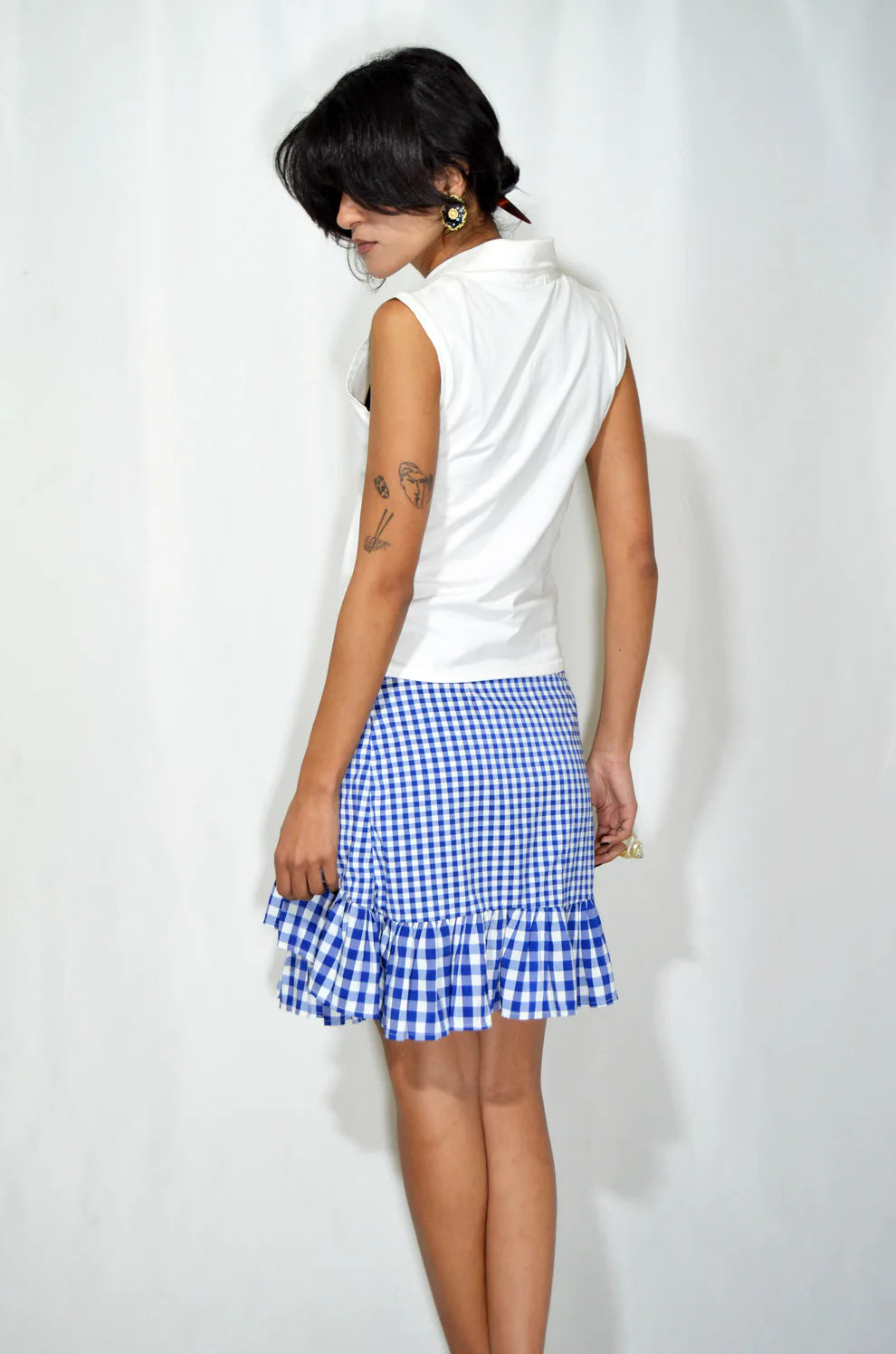Blue & White Checkered Ruffled Skirt