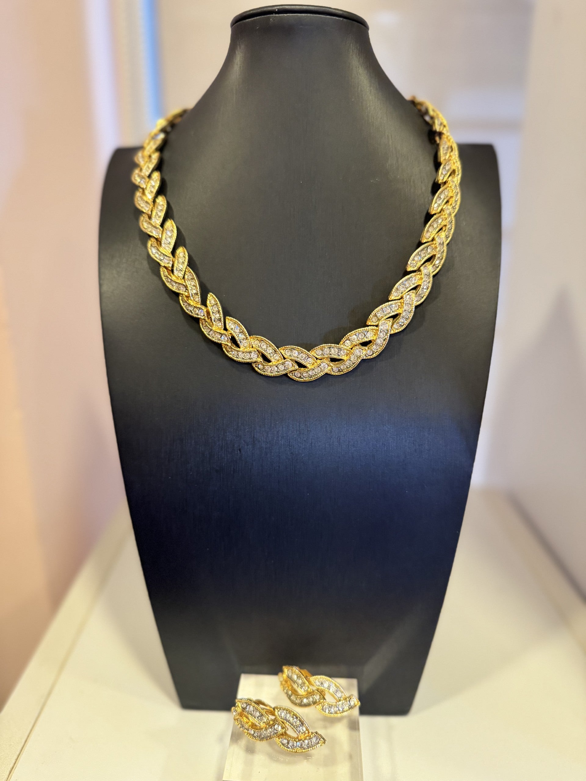 Vintage Rhinestone Braided Necklace & Earrings Set