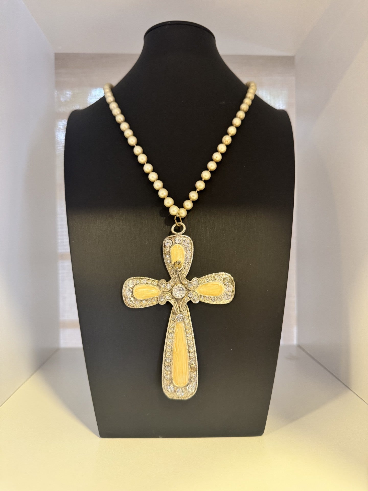 Vintage Byzantine-Style Cross Pendant Necklace with Pearls
