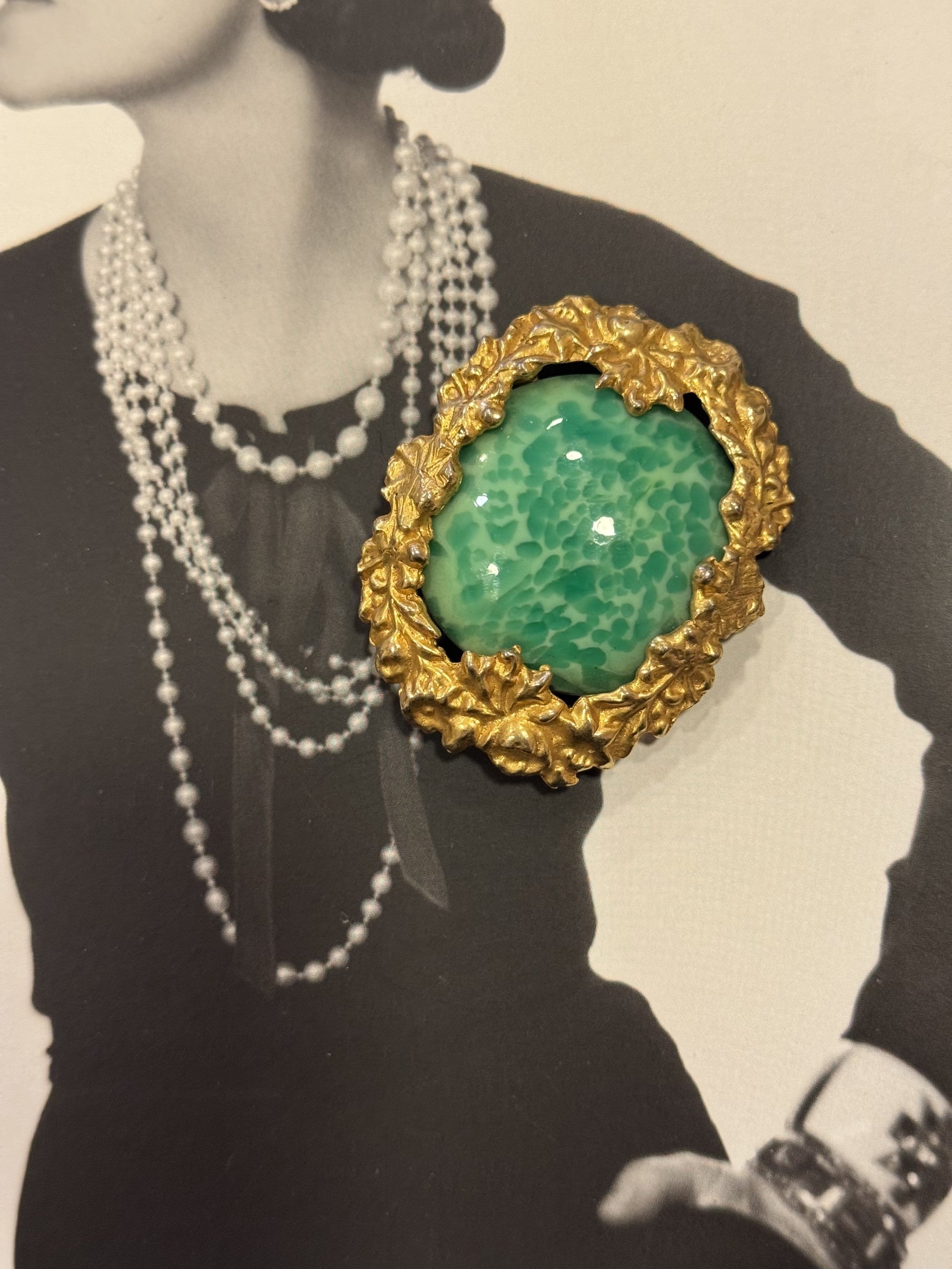 Vintage MR.WE Gold Leaf Brooch with Green Cabochon