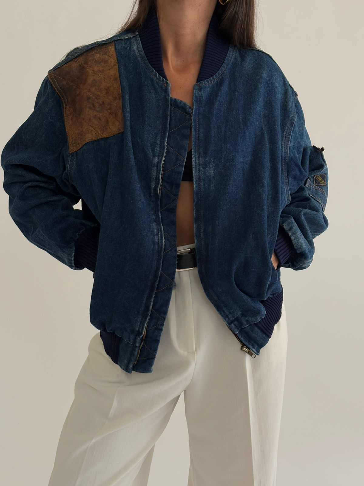 Vintage bomber denim jacket with leather patch