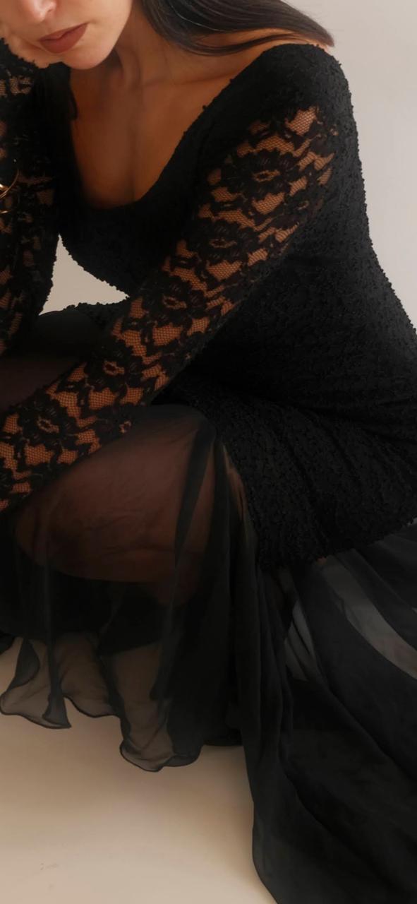 Ange Black Lace & Sheer Maxi Dress