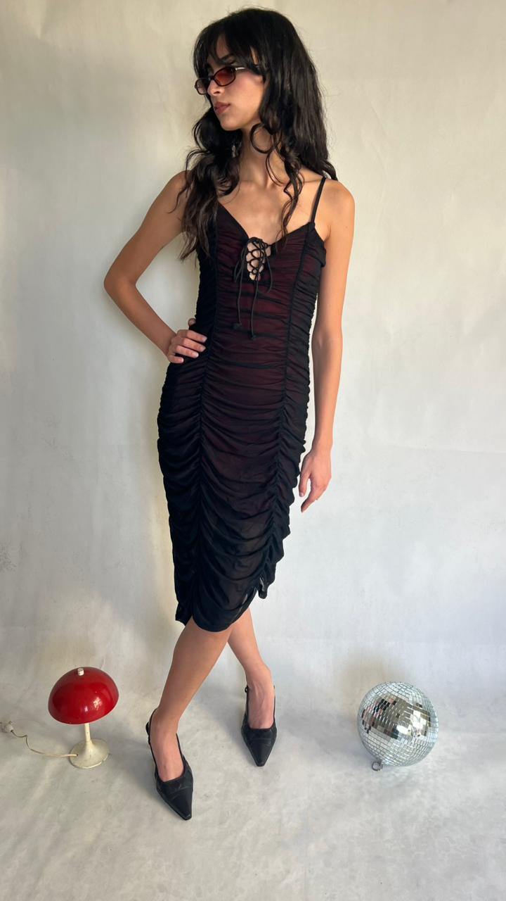 Y2K Black ruched mesh midi dress