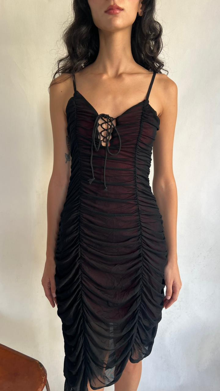 Y2K Black ruched mesh midi dress