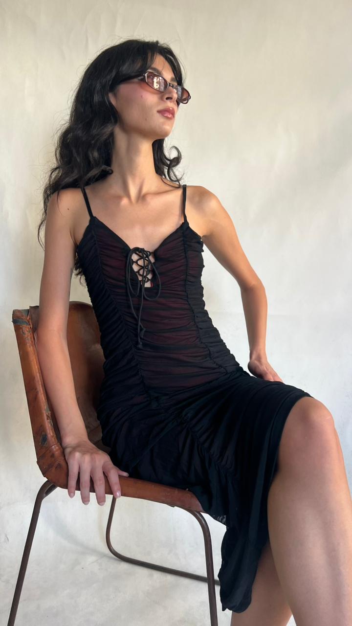 Y2K Black ruched mesh midi dress