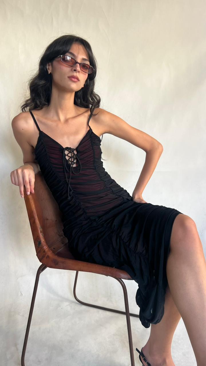 Y2K Black ruched mesh midi dress