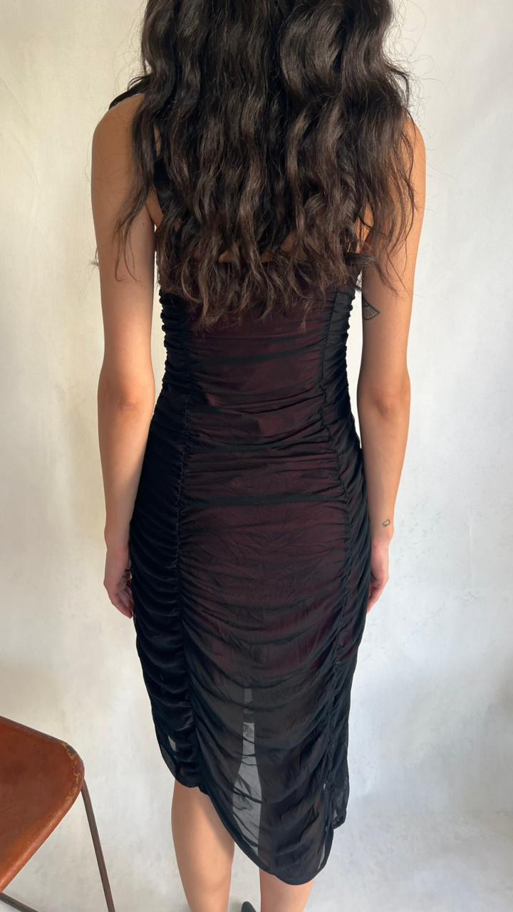 Y2K Black ruched mesh midi dress