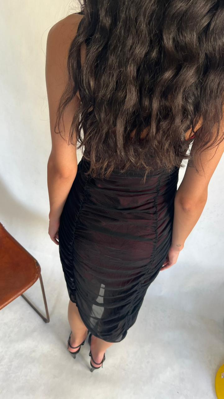 Y2K Black ruched mesh midi dress