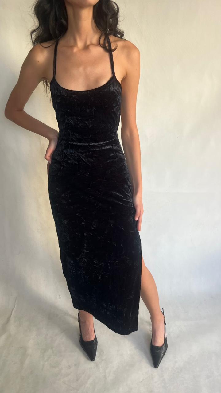 Y2K black velvet maxi dress