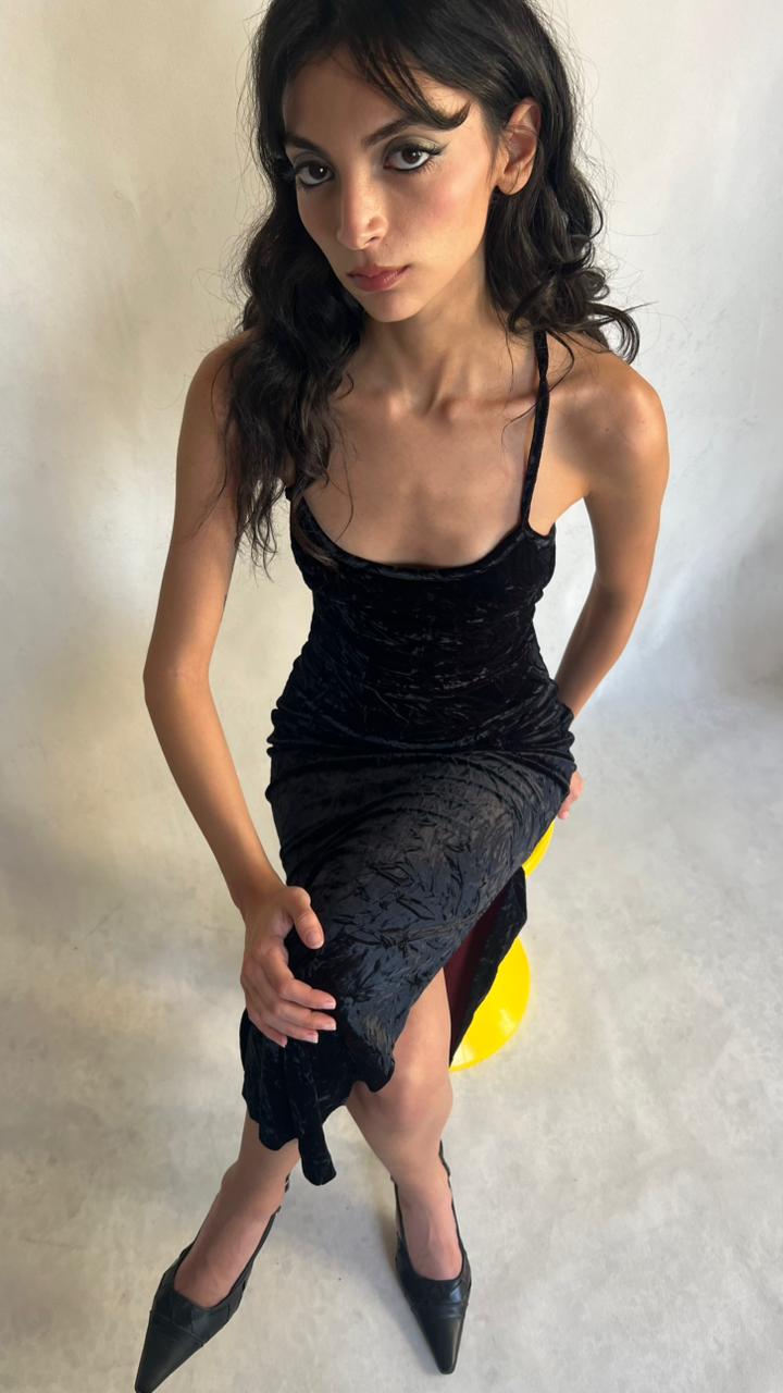 Y2K black velvet maxi dress
