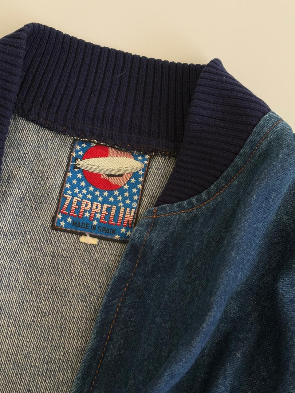 Vintage bomber denim jacket with leather patch