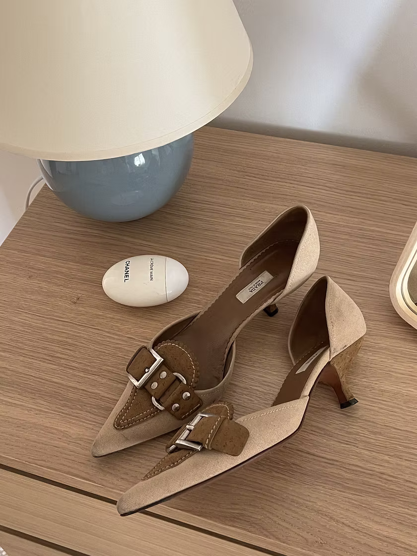 Vintage Prada Ostrich Buckle Kitten Heels