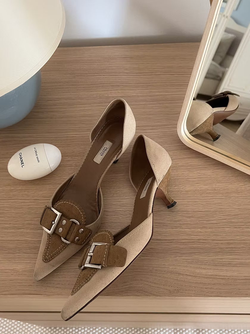 Vintage Prada Ostrich Buckle Kitten Heels