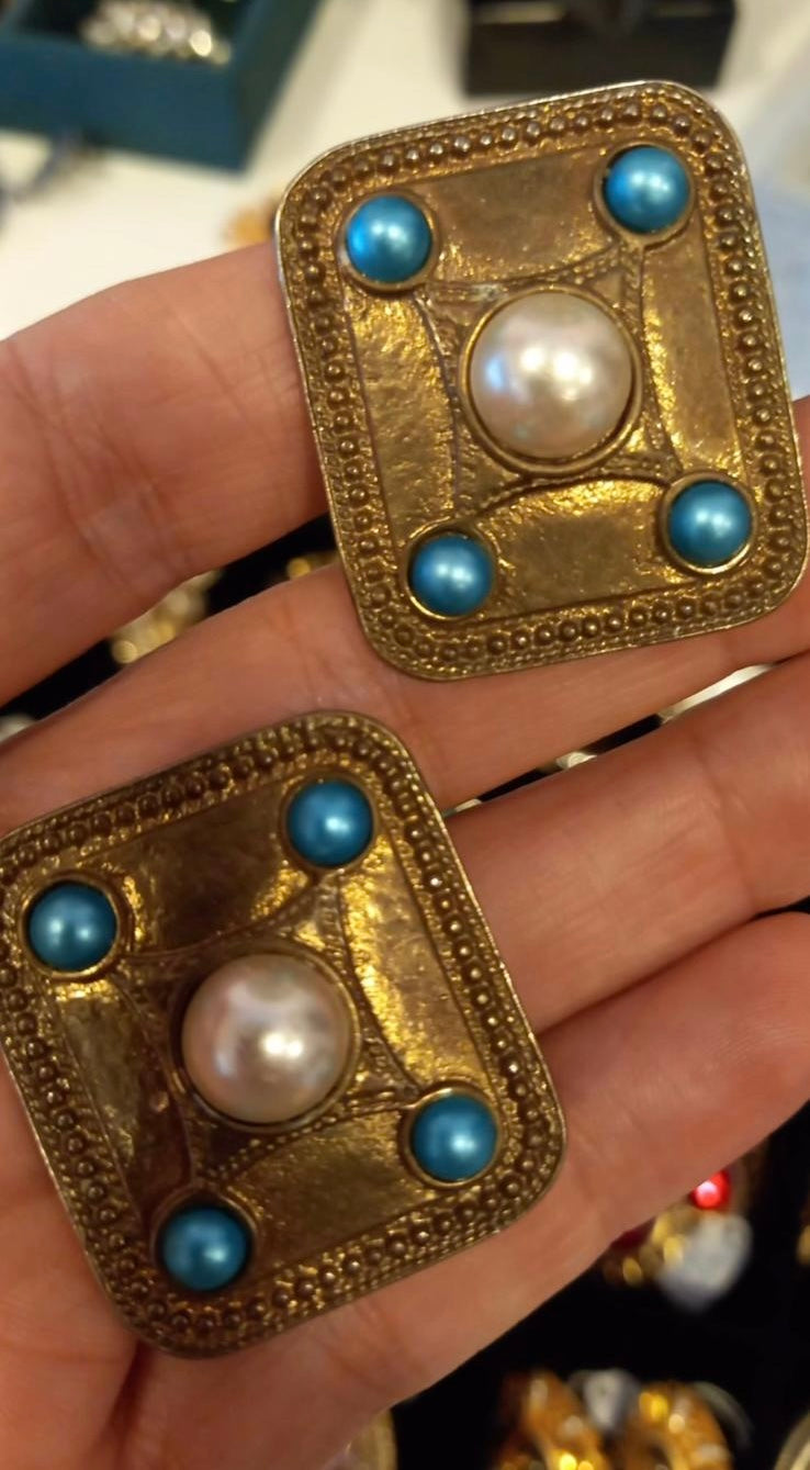 Mid-century Square Cabochon earrings