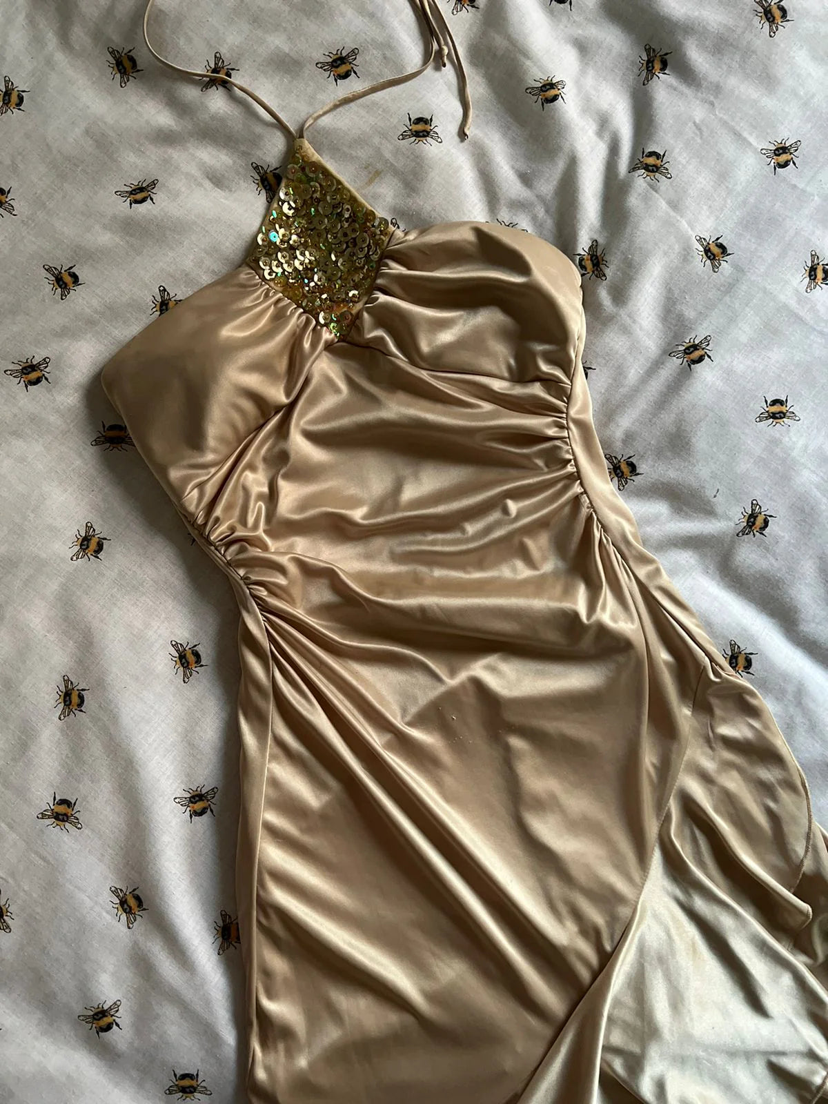 Y2k stretch satin ruched waist ruffled halter sequined dress